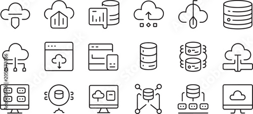 Konstfotografi Cloud Server Storage, Network Data and Backup Icons Set in Outline Style for It