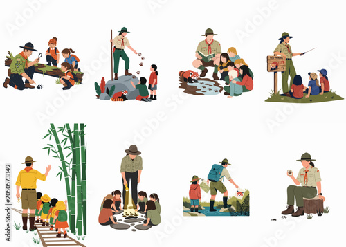 Obraz na płótnie Set of park rangers and scout leaders teaching children about nature, wildlife, and tracking animals like red pandas in various outdoor educational settings