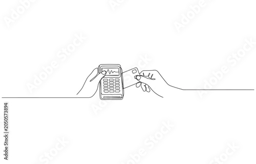 Continuous line drawing A person pays for a purchase by card Contactless payment system icon vector.