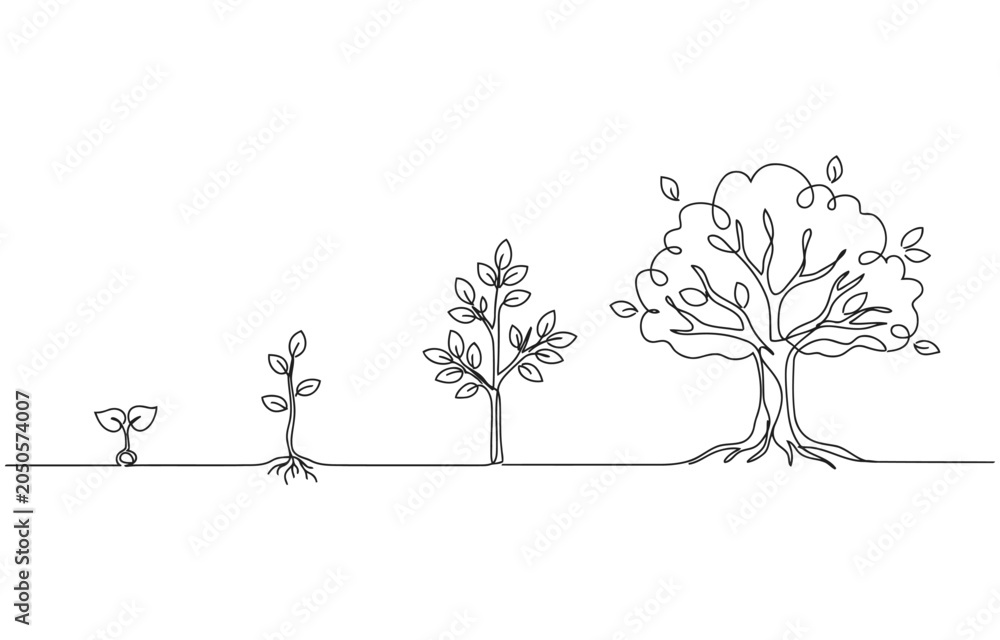 Fototapeta premium Continuous one line drawing showing tree growth. 