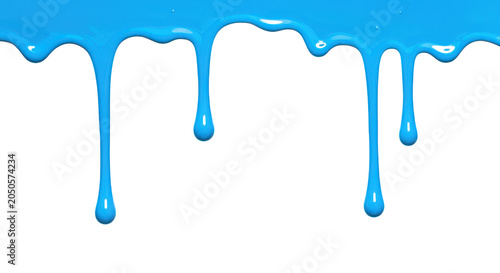 Blue paint drips on white background, liquid effect