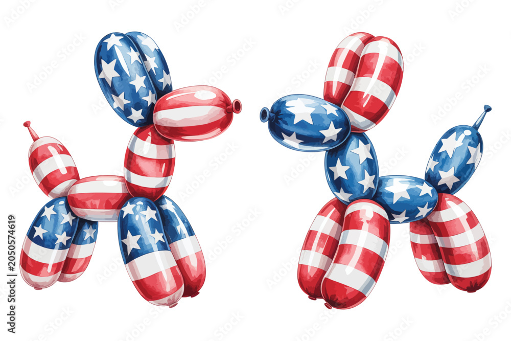 Fototapeta premium Watercolor Balloon Dog Illustration, USA Patriotic Celebration Clipart, Isolated on White