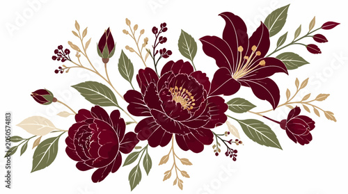 Opulent Crimson Floral Arrangement A Timeless Botanical Illustration for Elegant Invitations and Sophisticated Decorative Designs