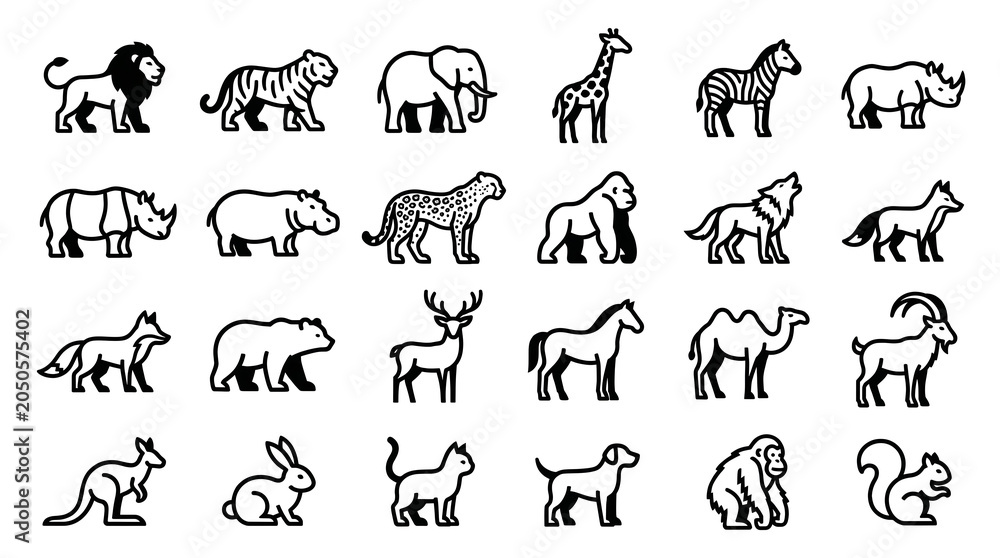 Fototapeta premium Black and white illustration set of various animals