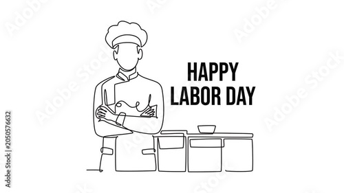 Chef wearing white kitchen uniform and hat.Labor day concept. Single line draw design. Full length animation illustration. High quality 4k footage