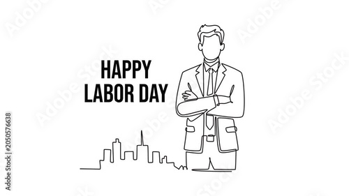 Businessman celebrating Labor Day.Labor day concept. Single line draw design. Full length animation illustration. High quality 4k footage