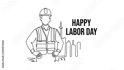 Construction worker in safety vest and helmet.Labor day concept. Single line draw design. Full length animation illustration. High quality 4k footage