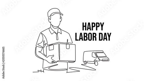 Delivery worker carrying package box.Labor day concept. Single line draw design. Full length animation illustration. High quality 4k footage