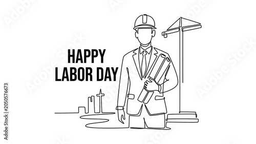 Engineer holding blueprints in safety helmet.Labor day concept. Single line draw design. Full length animation illustration. High quality 4k footage