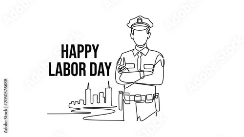 Police officer in uniform on duty.Labor day concept. Single line draw design. Full length animation illustration. High quality 4k footage
