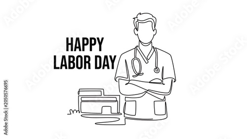 Nurse in hospital uniform smiling confidently.Labor day concept. Single line draw design. Full length animation illustration. High quality 4k footage