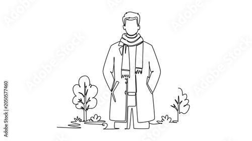 Autumn man with scarf standing near trees. Autumn concept. Single line draw design. Full length animation illustration. High quality 4k footage