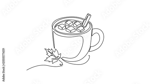 Hot chocolate cup with cinnamon topping. Autumn concept. Single line draw design. Full length animation illustration. High quality 4k footage