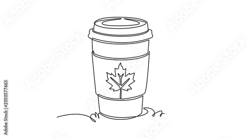 Hot coffee cup with autumn leaf logo. Autumn concept. Single line draw design. Full length animation illustration. High quality 4k footage