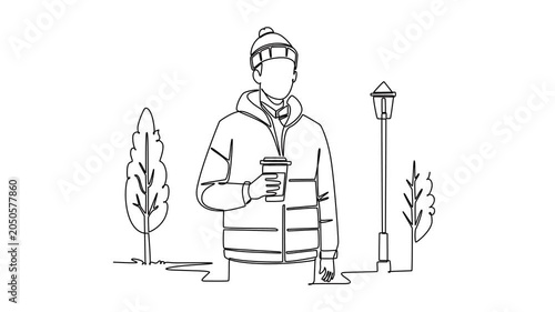 Man wearing puffer jacket in autumn season. Autumn concept. Single line draw design. Full length animation illustration. High quality 4k footage