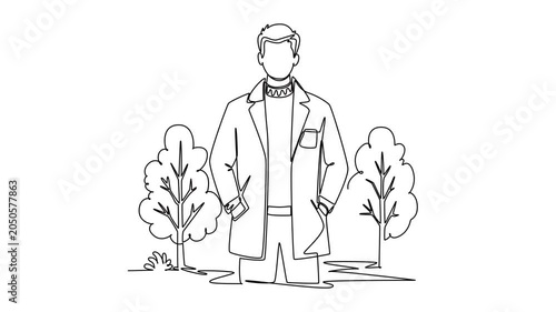 Man wearing coat in autumn park. Autumn concept. Single line draw design. Full length animation illustration. High quality 4k footage