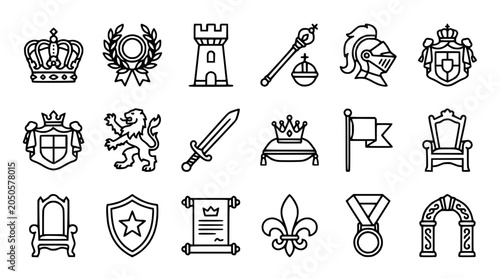 Foto Royal Icons Set: Crowns, Shields, Swords, Thrones, and Knight Helmets