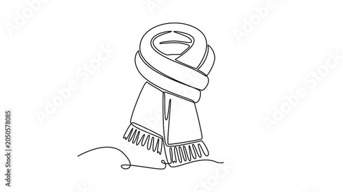 Warm knitted scarf for autumn season. Autumn concept. Single line draw design. Full length animation illustration. High quality 4k footage
