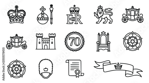 Photos British Royal Symbols Line Icons: Crown, Carriage, Castle, Lion, Sceptre, Throne
