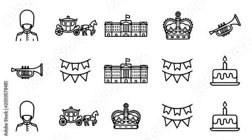 фотографія British Royal Celebration Icons: Guard, Carriage, Palace, Crown, Trumpet, Cake,