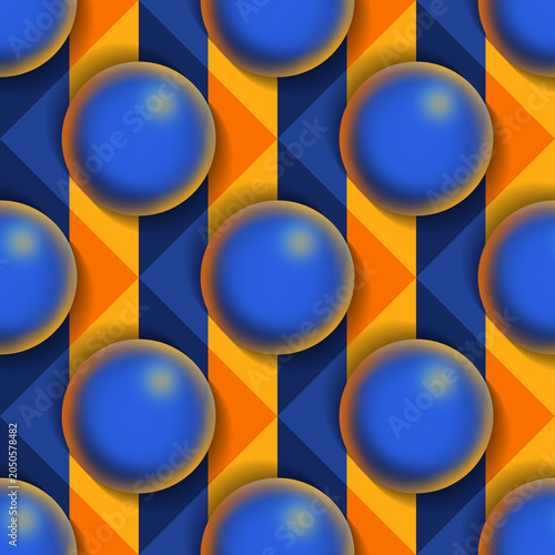 Seamless geometric pattern with blue 3D spheres on striped background. Template for Pattern, textile, Gift wrapping paper, and etc.