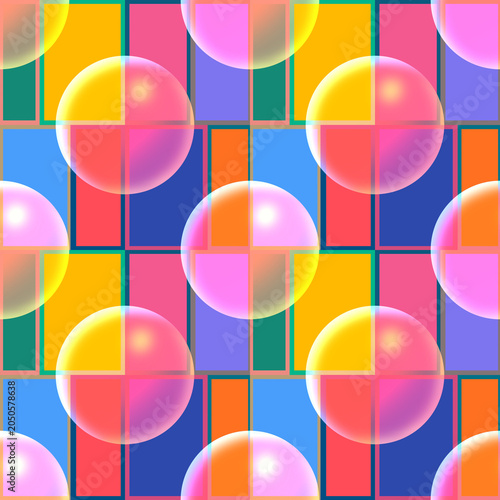 Vibrant multi-colored geometric block pattern with 3d bubble overlay. Template for Pattern, textile, Gift wrapping paper, and etc.