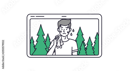 Man sweating profusely in forest, distressed, heatstroke, dehydration, outdoor activity, survival