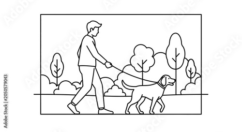 Man walking dog in park, line art illustration