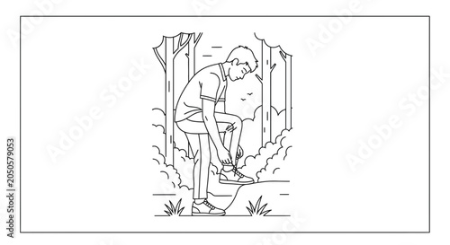 Man tying shoelaces in forest, outdoor activity, nature, healthy lifestyle