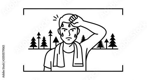 Man sweating heavily in forest, wiping forehead, exhaustion, heat, dehydration, outdoor activity