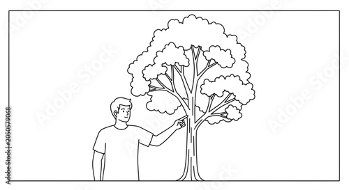 Man Touching Tree Trunk in Nature, Healthy Ecosystem Concept, Outdoor Activity