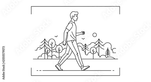 Man Walking in Nature, Healthy Lifestyle, Outdoor Activity, Scenic Landscape