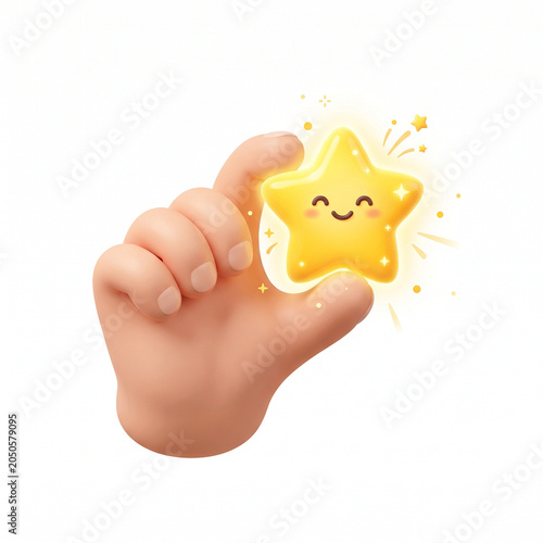 Child's hand holding a smiling yellow star-shaped magic emoji with sparkles on plain white background