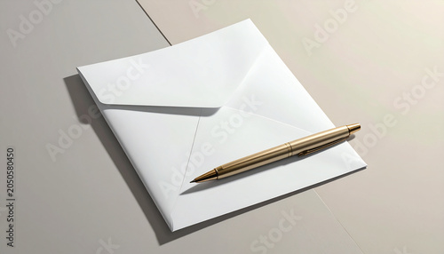 White envelope with golden pen on neutral surface perfect for business concepts