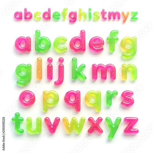 abstract 3D bubble alphabet letters A to Z, translucent colorful gummy candy gel texture