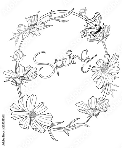 Spring Lettering with Cosmos Flowers and Butterfly Wreath illustration for coloring page