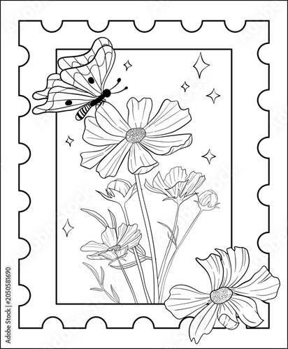 Cosmos Flowers and Butterfly stamp frame Outline Illustration for coloring page