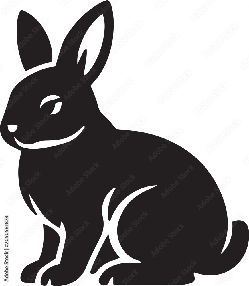 Obraz premium Cute black rabbit silhouette sitting gracefully simple vector illustration isolated on checkered background.