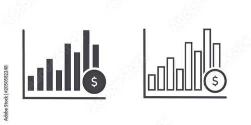 Isolated set of bar chart icons with dollar coins representing financial growth, investment analysis, revenue, and business statistics on a clean white background.