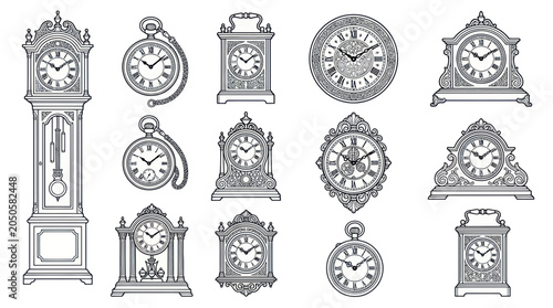 Canvastavla Vintage Clock Collection: Grandfather, Mantel, Pocket Watches - Engraved Style