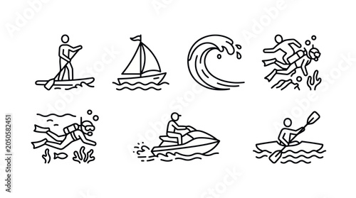 Water Sports Icons Set: Kayaking, Surfing, Sailing, Jet Skiing, Scuba Diving