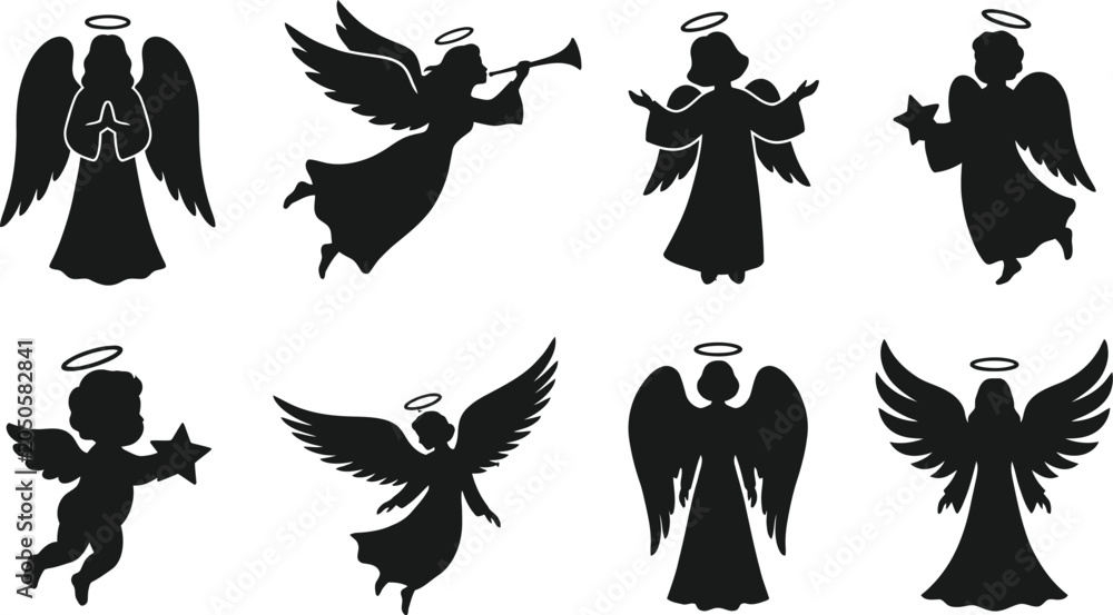 Fototapeta premium Black Angel Silhouettes Vector Icons