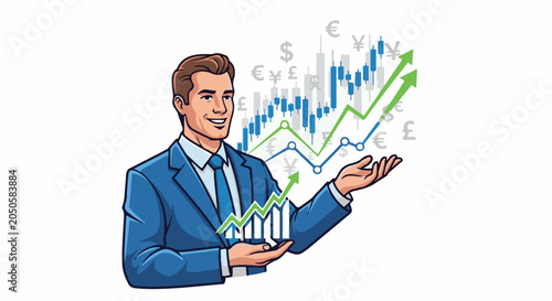 Man in suit presents rising financial graph with currency symbols