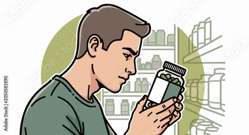 Man inspects a bottle of pills in front of shelves with containers
