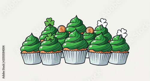 Many green frosted cupcakes adorned with shamrocks and gold coins