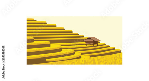 Golden Rice Terrace Fields with a Small Wooden Hut in a Rural Landscape Illustration