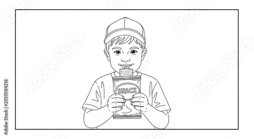 Happy boy eating snacks from a bag, close-up, black and white line drawing illustration