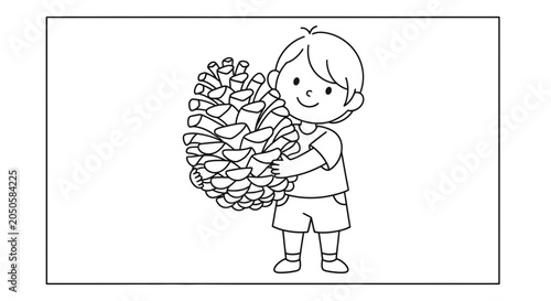 Happy Boy Holding a Giant Pinecone, Outline Illustration for Coloring