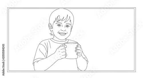 Happy Boy Holding a Mug, Smiling, Enjoying a Drink
