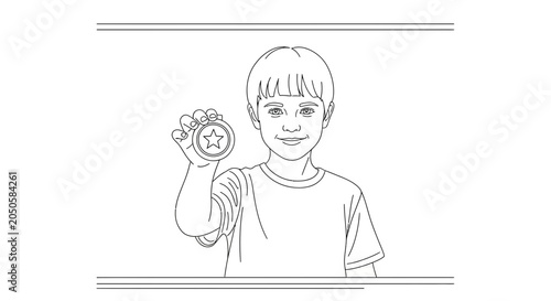 Happy Boy Holding a Star Medal, Outline Illustration